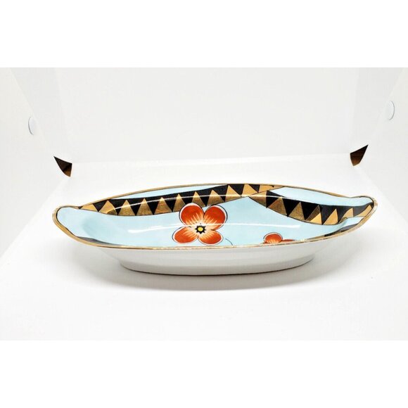 Noritake Celery Dish Hand Painted Gold Rimmed Handles Orange Flowers 7 .5 in VTG - Picture 2 of 7